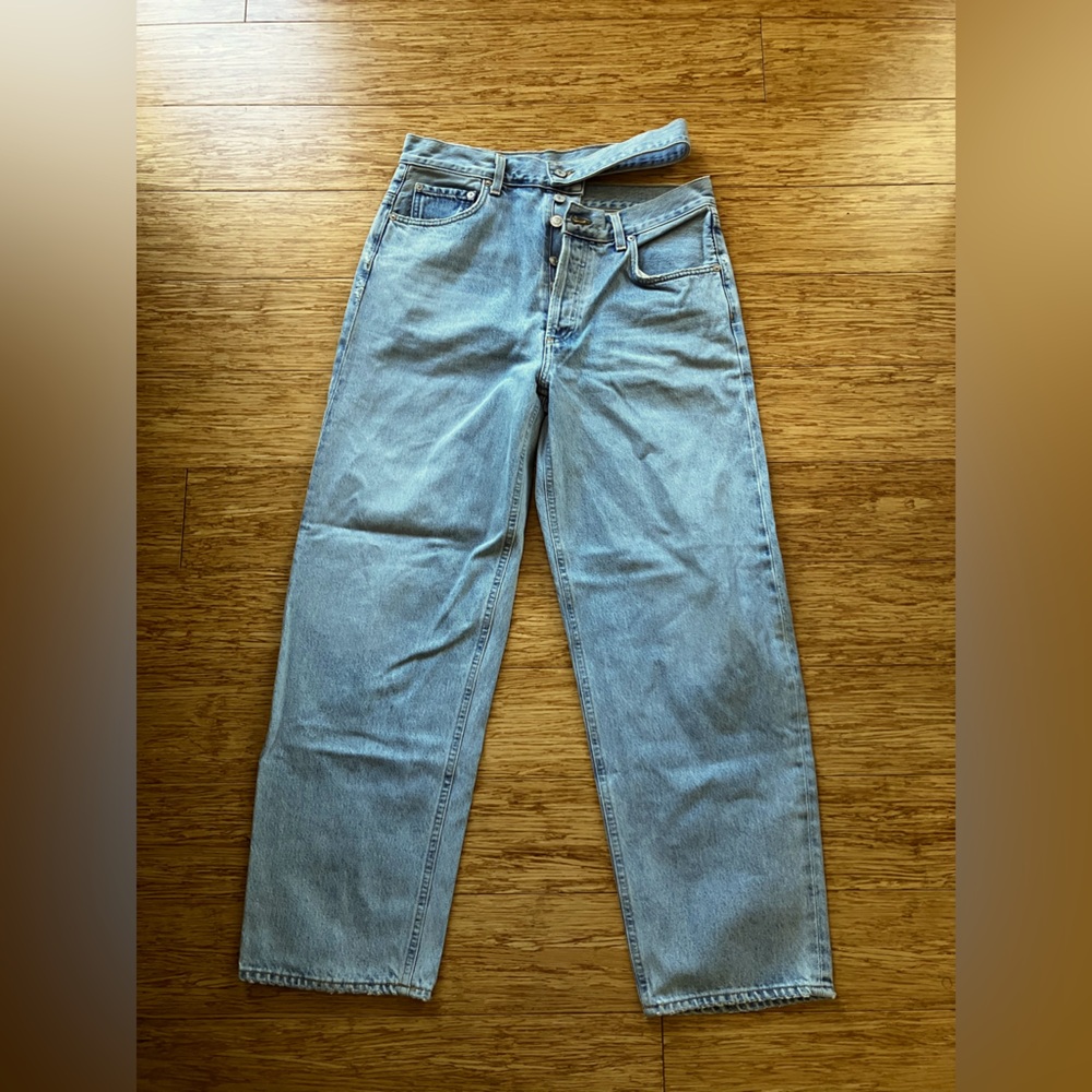 Light wash AGOLDE “broken waistband” cutout high rise straight leg jeans